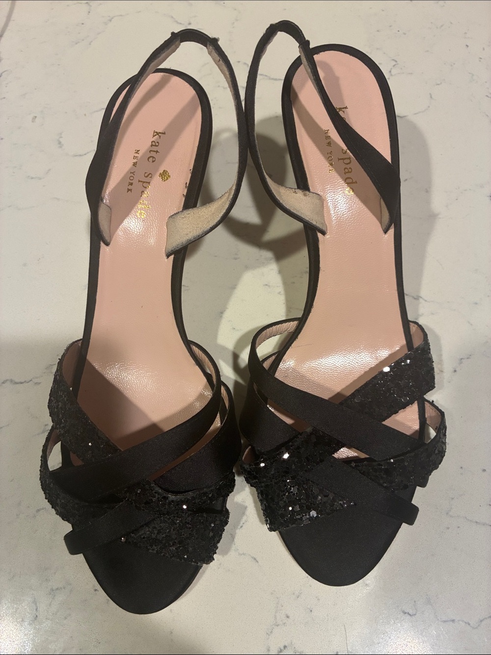 kate spade Black Sequin Crisscross Slingback Heels